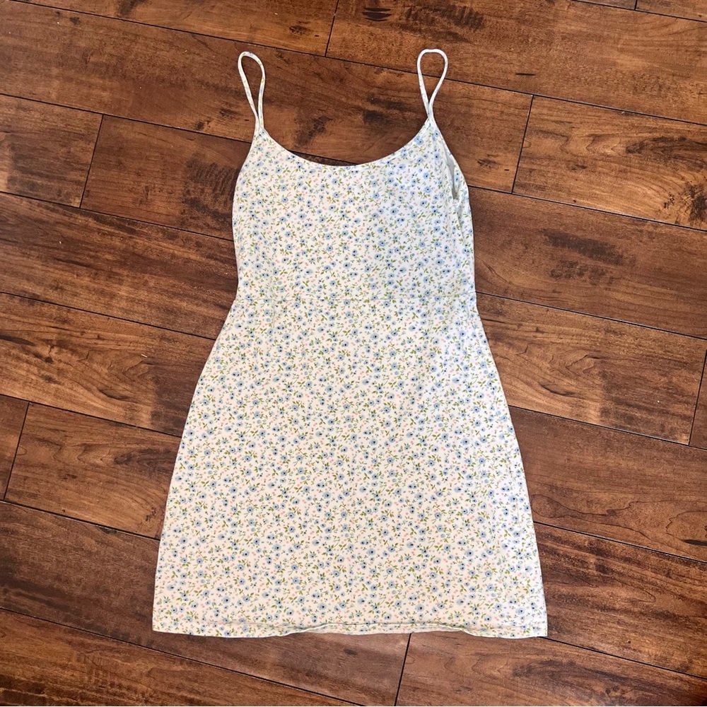 Brandy Melville White Mini Slip Dress with Blue & Yellow Floral Print